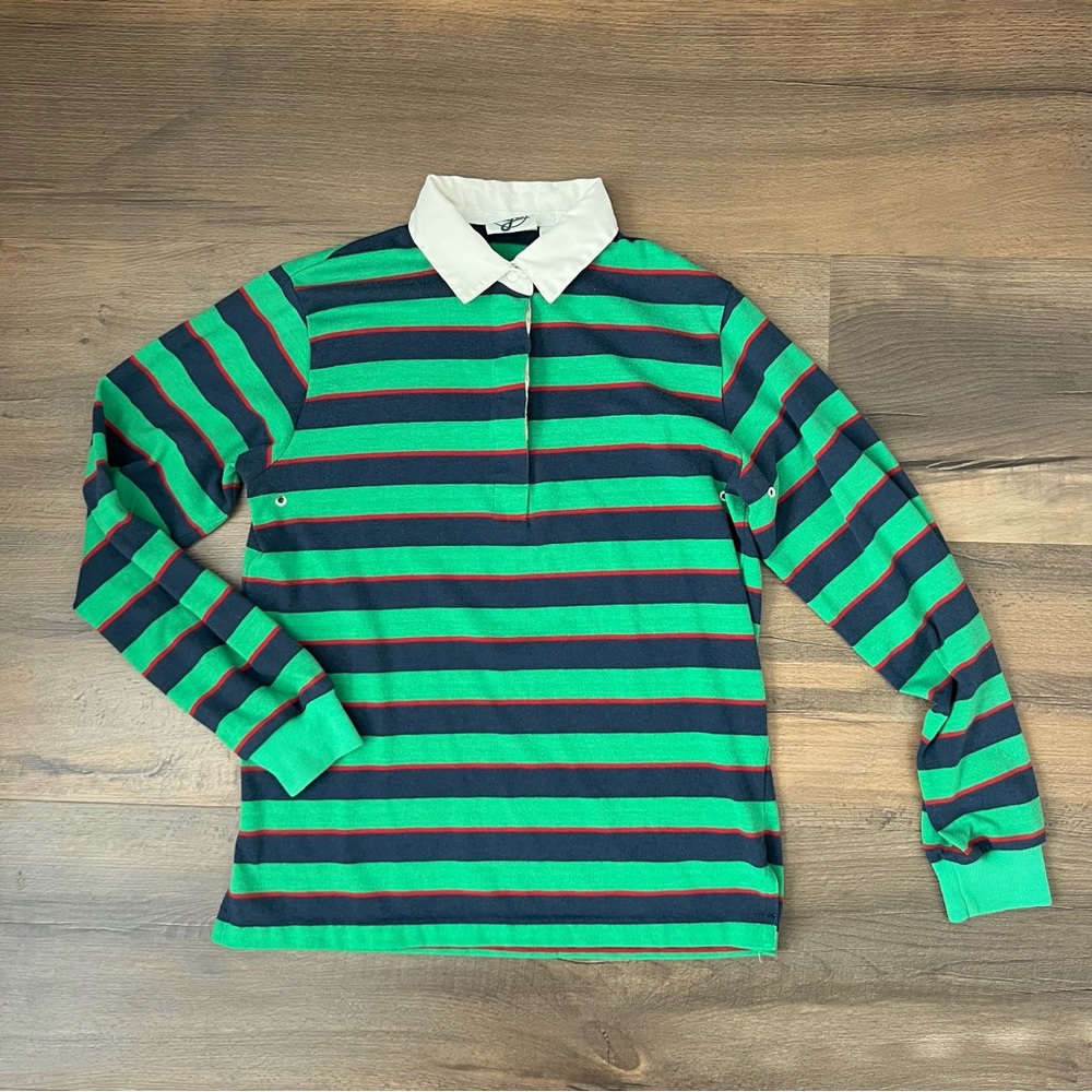 ✨5/$20✨ Vintage NYC Boys' Green & Navy Blue Striped Polo Long Sleeve Top Size M